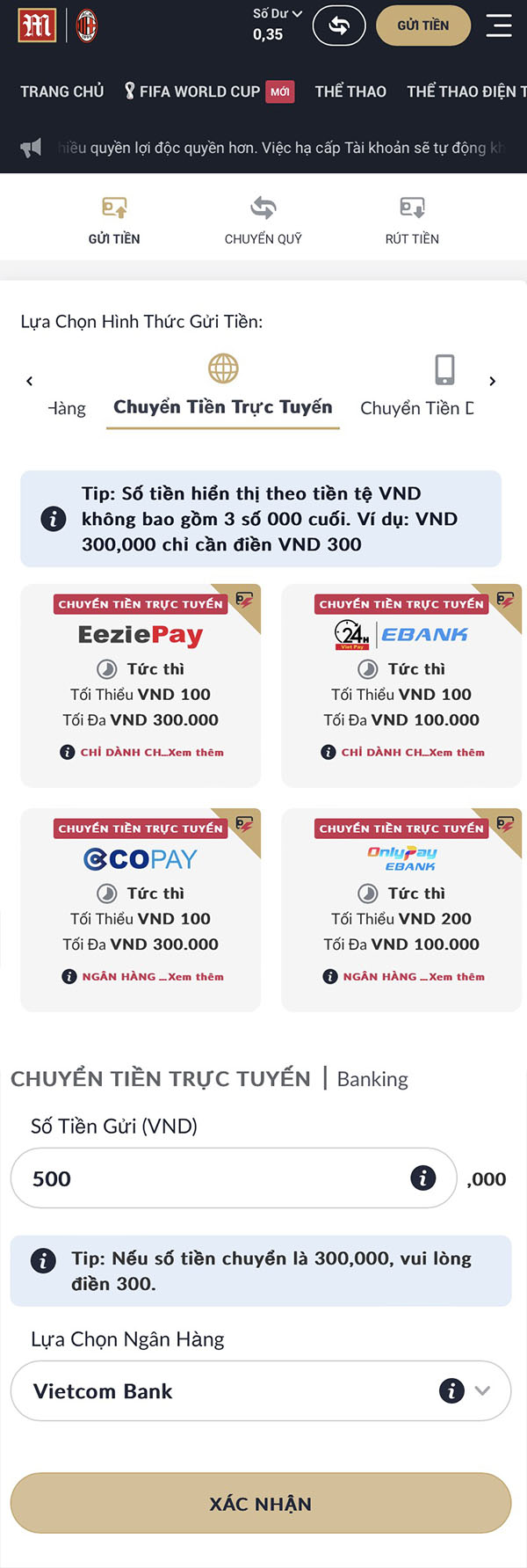 Hướng dẫn cách gửi tiền vào tài khoản M88
